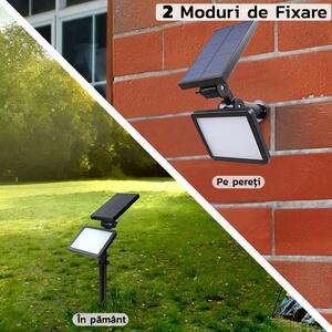 Lampa solara pentru terasa/gradina 48 de LED-uri Tahagov, cu 2 moduri de fixare, senzor de lumina, IP44, material ABS, 5W, 80 lm, 26.5 cm x 14 cm, Alb