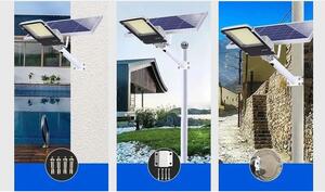 Proiector LED pentru stalp, casa, perete cu suport metalic inclus, Tahagov, 38,5 cm x 14,2 cm, Rezistent la Apa IP65, cu Panou Solar, 240 COB LED, 100