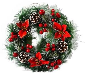 Coronita pentru Craciun Tahagov, diametru 32 cm, din brad artificial, decorata cu conuri si merisoare, 3 Funde Rosii. Verde/Alb