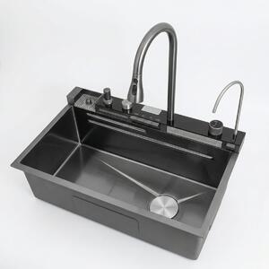 Chiuveta Bucatarie Multifunctionala Negru Grafit, cu 2 Cascade, Robinet Tip Cascada, Afisaj Digital Temperatura, Accesorii Incluse