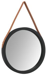 Oglindă de perete cu o curea, negru, Ø 35 cm