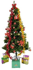 Set brad artificial de Craciun si elemente decorative, Decorat cu conuri de pin, pentru interior/exterior, inaltime 210 cm, diametru 114 cm, 1057 ramuri, Tahagov, verde, suport metalic inclus