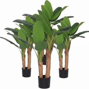 Set 4 Plante artificiale bananier cu ghiveci, 2 trunchiuri si 15 frunze, 120 cm, decor interior verde