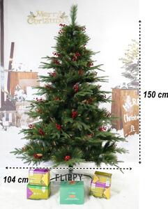 Brad artificial de Craciun, decorat cu conuri pin rosii, pentru interior/exterior, inaltime 150 cm, diametru 104 cm, 323 ramuri, Tahagov, verde, suport metalic inclus