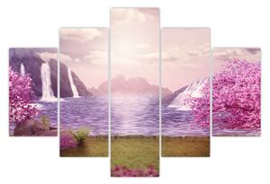 Tablou cu pomi roz cu lac (150x105 cm)