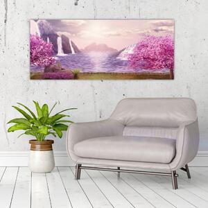 Tablou cu pomi roz cu lac (120x50 cm)