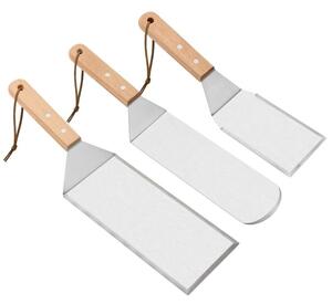 Set 3 spatule pentru gratar Tahagov, din metal, margini subtiri, suprafata antiaderenta, rezistente la temperaturi ridicate, maner ergonomic din lemn, 3 forme, agatatoare, gri