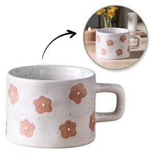 Cană ceramică, cu imprimeu bej, model floral retro, 250 ml, eCarla, KB30