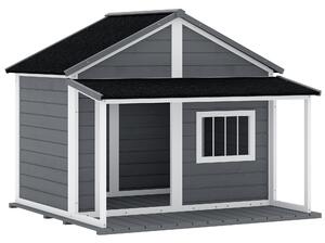 PawHut Casuță din Lemn de Exterior pentru Câini, Cușcă pentru Câini cu Terasă, Fereastră și Acoperiș Impermeabil, 124x112x105 cm, Gri | Aosom Romania