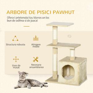 Centru de activitati PawHut cu spatiu pentru zgariat si culcus pentru pisici minge sfoara din sisal plus din lemn bej 50 x 30 x 80cm | Aosom RO