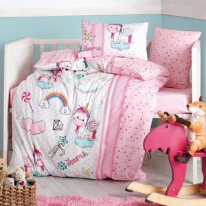 Lenjerie de pat pentru copii Cotton Box 129CTN3020, Bumbac Ranforce, 4 piese, Plic 100x150, Cearsaf 120x150, 2 fete de perna, Roz