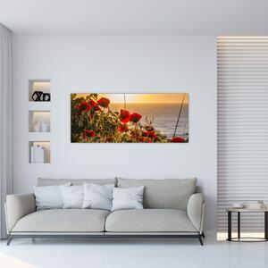 Tablou cu apus de soare cu flori de maci (120x50 cm)