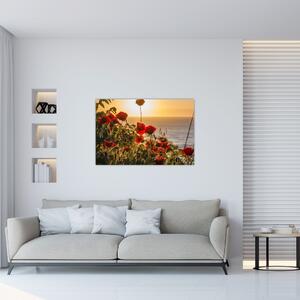 Tablou cu apus de soare cu flori de maci (90x60 cm)