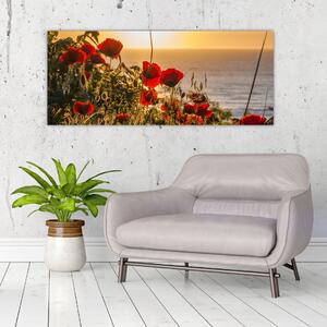 Tablou cu apus de soare cu flori de maci (120x50 cm)