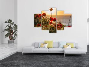 Tablou cu apus de soare cu flori de maci (150x105 cm)