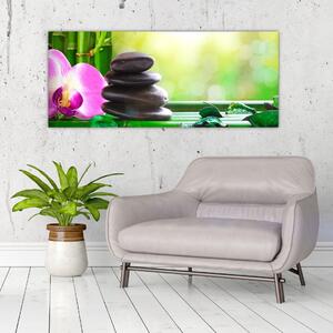 Tablou cu pietre pentru masaj și orhidee (120x50 cm)