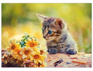 Tablou cu pisicuța uitându-se la floare (70x50 cm)