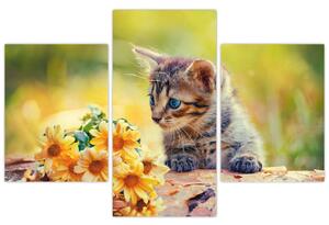 Tablou cu pisicuța uitându-se la floare (90x60 cm)