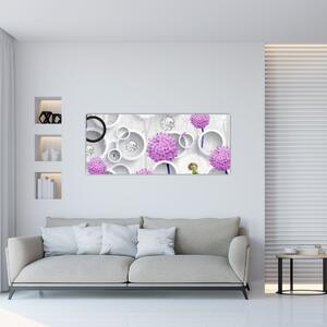 Tablou cu abstracție 3D cu cercuri și flori (120x50 cm)