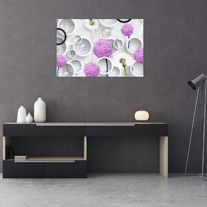 Tablou cu abstracție 3D cu cercuri și flori (90x60 cm)