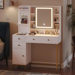 SEA474 - Set Masa toaleta, 98 cm, cosmetica machiaj, oglinda cu LED, masuta vanity cu 2 Porturi USB, si 2 Prize - Alb-Auriu