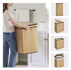 Cos de rufe din bambus, capacitate 100 litri, doua compartimente, 60 x 54 x 35 cm