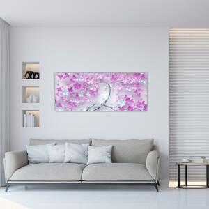 Tablouri cu flori pe trunchi argintiu - abstract (120x50 cm)