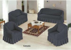 Set huse elastice si creponate pentru canapea 3 locuri, canapea 2 locuri si 1 fotoliu, cu volanas, Cenusiu