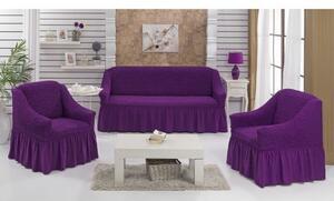 Set huse elastice si creponate pentru canapea 3 locuri si 2 fotolii, cu volanas, culoare Mov