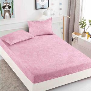 Husa de pat, 2 persoane, finet, 3 piese, cu elastic, roz , cu model , HPF284