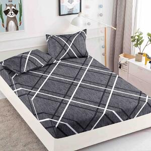 Husa de pat, 2 persoane, finet, 3 piese, cu elastic, gri , cu linii albe si negre , HPF285