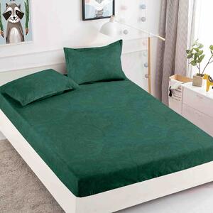 Husa de pat, 2 persoane, finet, 3 piese, cu elastic, verde , cu model , HPF283