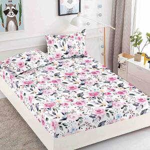 Husa de pat, 2 persoane, finet, 3 piese, cu elastic, alb , cu trandafiri roz, HPF289
