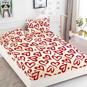Husa de pat, 2 persoane, finet, 3 piese, cu elastic, crem , cu inimi rosii, HPF291