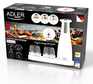 Rasnita electrica cu 3 recipiente condimente Adler AD 4449W, 150 ml, USB, Baterie Li-Ion 1500mAh, Lame ceramice, Alb