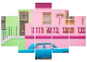 Tablou cu mașina - casele colorate (150x105 cm)