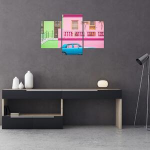 Tablou cu mașina - casele colorate (90x60 cm)