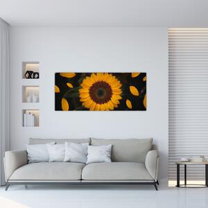 Tablou - Floarea soarelui și petale (120x50 cm)