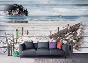 Fototapet - Intare pe plajă - imitație de lemn (254x184 cm)