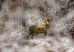Fototapet - Cerb de aur în pădurea cu ceață (254x184 cm)