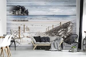 Fototapet - Intare pe plajă - imitație de lemn (152,5x104 cm)