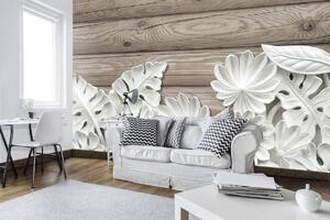 Fototapet - Florile albe ca labastru pe lemn (152,5x104 cm)