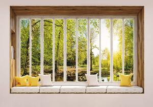 Fototapet - Privire însorită în pădure din geam (152,5x104 cm)