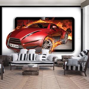 Fototapet - Mașina roșie în flăcări (152,5x104 cm)