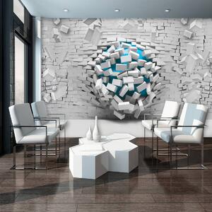 Fototapet - 3D mingea albastră și peretele alb din cărămizi (254x184 cm)
