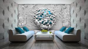 Fototapet - 3D mingea albastră și peretele alb din cărămizi (152,5x104 cm)