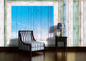Fototapet - Scănduri de lemn - geamul albastru (152,5x104 cm)