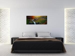 Tablou cu căbănuță în peisaj de poveste (120x50 cm)