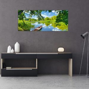 Tablou cu râu de vară și barcă (120x50 cm)
