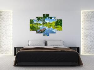 Tablou cu râu de vară și barcă (150x105 cm)